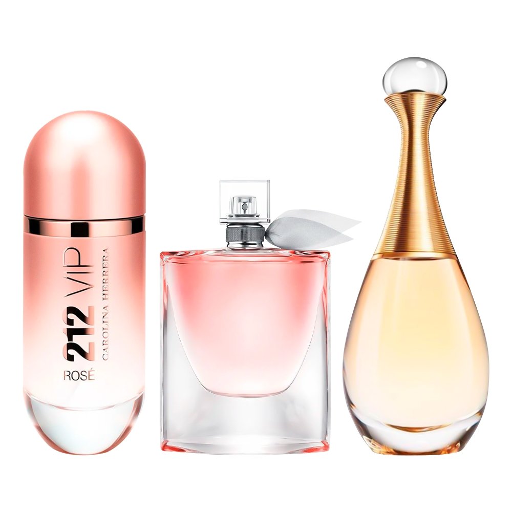 Combo de 3 perfumes Femeninos - 212 VIP Rosé, La Vie est Belle e Jadore