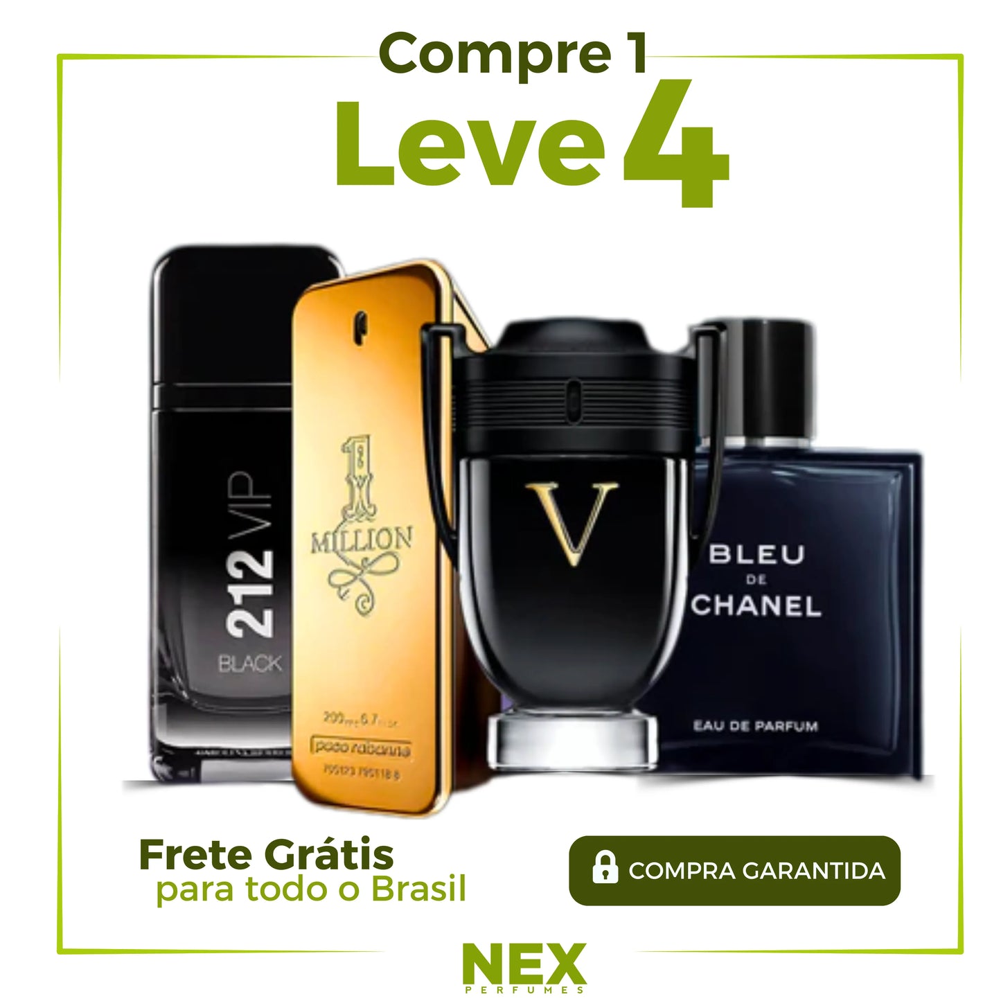 Kit de 4 perfumes Masculinos Importados (100 ml cada uno um) - 1 million | 212 black | Invictus V| Bleu de Chanel