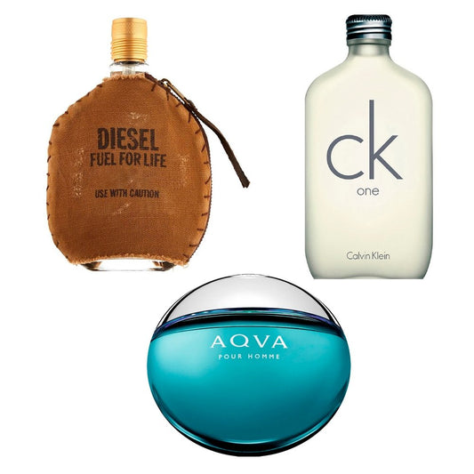 Combo de 3 perfumes Masculinos - Diesel Fuel For Life, CK Be One Masculino e Bvlgari Aqva